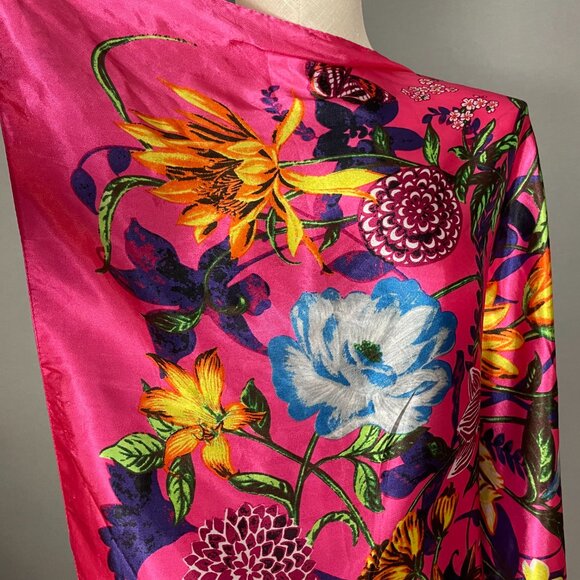 Bright Pink Floral Scarf Horses Birds Maximalist Polyester Square Vibrant Colors - Picture 5 of 13